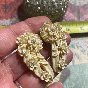 Vintage RARE celluloid floral clip on earrings 1940s 1950s Art Deco rhinestones